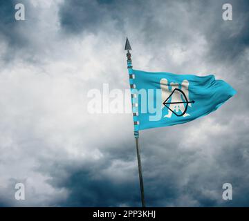 A digital illustration of a flag of the Seljuk Empire waving against a bright yellow sky Stock Photo