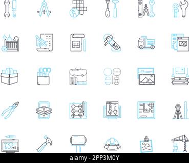 Ensemble d'icônes linéaires de matériaux de construction. Béton, acier, brique, bois, verre, Plastique, vecteur de ligne d'asphalte et panneaux de concept. Céramique, St, sable Illustration de Vecteur