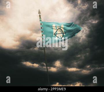 A digital illustration of a flag of the Seljuk Empire waving against a bright yellow sky Stock Photo