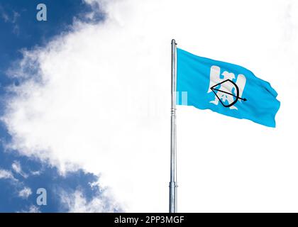 A digital illustration of a flag of the Seljuk Empire waving against a bright yellow sky Stock Photo