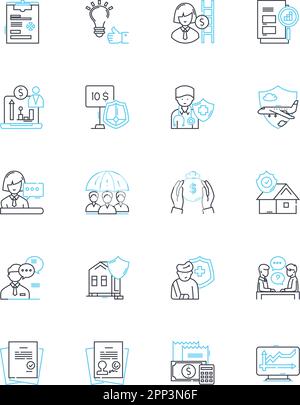 Jeu d'icônes linéaires d'indemnisation professionnelle. Couverture, responsabilité, assurance, poursuite, réclamation, Négligence, vecteur de ligne de protection et signes conceptuels. Défense Illustration de Vecteur