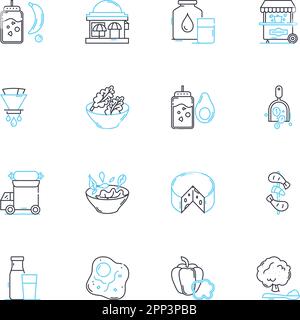 Ensemble d'icônes linéaires de gastronomie moléculaire. Sphérification, émulsification, mousse, azote, gélification, Sous-vide, vecteur de ligne de déconstruction et concept Illustration de Vecteur