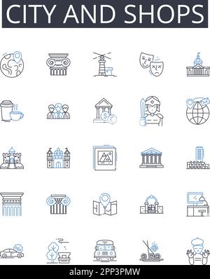 Collection d'icônes de la ville et des magasins. Express, fiable, ponctuel, sécurisé, efficace, Illustration vectorielle et linéaire professionnelle en temps opportun. Pratique Illustration de Vecteur