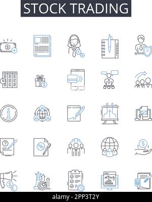 Collection d'icônes de ligne de bourse. Opérations de Forex, fonds communs de placement, opérations de marchandises, banque d'investissement, négociation d'actions, Journée de trading, Portefeuille Illustration de Vecteur