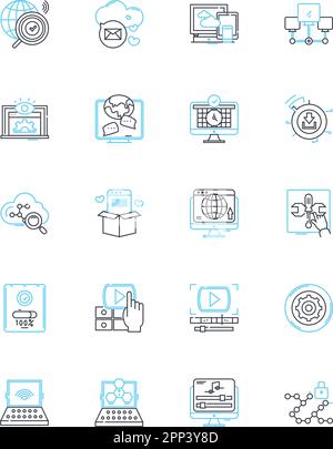Jeu d'icônes linéaires de communauté virtuelle. En ligne, interconnecté, social, collaboratif, numérique, Cyber, captivant vecteur de ligne et des signes de concept. Interactif Illustration de Vecteur