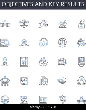 Collection d'icônes de ligne objectifs et Résultats clés. Cibles, objectifs, objectifs, objectifs, objectifs, bancs d'essai, Normes, vecteur de mesures et illustration linéaire Illustration de Vecteur