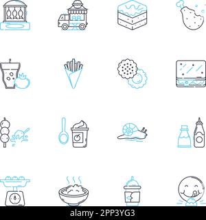 Jeu d'icônes linéaires de la pâtisserie. Croissants, macarons, ?clairs, mille-feuilles, baguettes, Tartes, vecteur de la ligne de châteaux et signes de concept. Truffes, pralines Illustration de Vecteur