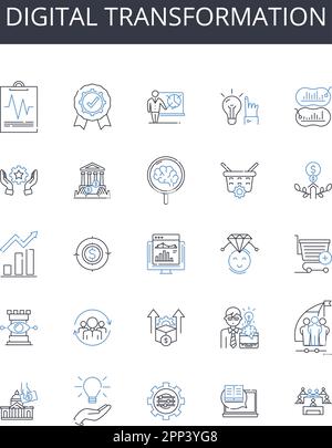 Collection d'icônes de ligne de transformation numérique. Innovation commerciale , désorganisation du marché , évolution des médias , révolution de la cybersécurité , médias sociaux Illustration de Vecteur