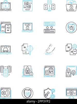 Jeu d'icônes linéaires de sécurité Nerk. Pare-feu, chiffrement, authentification, intrusion, cybersécurité, Logiciels malveillants, vecteur de ligne de vulnérabilité et signes de concept Illustration de Vecteur