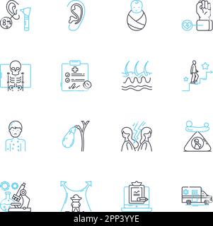 Ensemble d'icônes linéaires de condition génétique. Mutation, chromosome, hérédité, désordre, gène, Syndrome, vecteur de ligne de suppression et signes de concept. Duplication Illustration de Vecteur