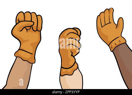 Jeu de poings relevés multiraciaux avec gants de travail jaunes en trois positions. Design de style dessin animé sur fond blanc. Illustration de Vecteur