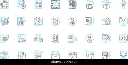 Jeu d'icônes linéaires des médias d'information. Journalisme, radiodiffusion, titres, reportage, presse, Médias, vecteur de ligne d'ancrage et signes conceptuels. Breaking, Editorial Illustration de Vecteur