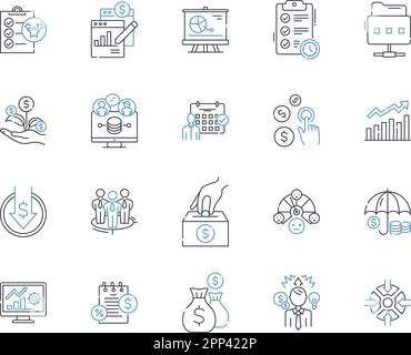Collection d'icônes de ligne d'analyse financière. Prévisions, gestion des risques, évaluation, investissement, modélisation financière, Liquidité, vecteur de bilan et Illustration de Vecteur