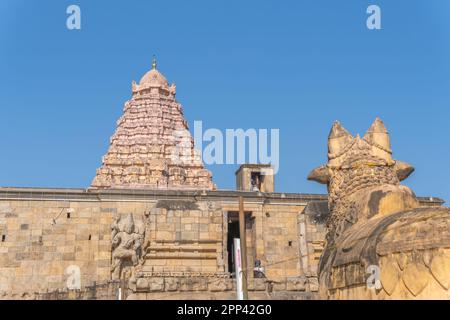 Nandhi facingThe shiva temple gopuram dans un ancien temple indien du sud à Gangai Konda Cholapuram. Dieu de taureau de taille massive, le shiva vahanam Banque D'Images