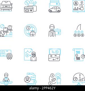 Jeu d'icônes linéaires de fonds d'investissement. Titres, obligations, actions, dividendes, allocation d'actifs, Portefeuille, vecteur de ligne de fonds communs de placement et signes de concept Illustration de Vecteur