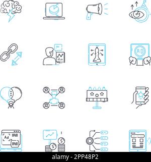 Jeu d'icônes linéaires d'études de marché. Données démographiques, analyses, enquête, consommateurs, tendances, Données, groupes de discussion vecteur de ligne et signes de concept. Informations Illustration de Vecteur