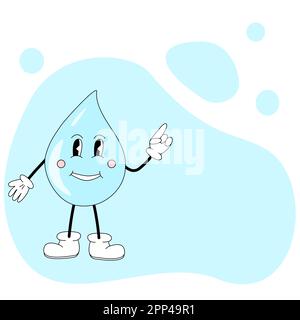 Style rétro mignon goutte d'eau personnage de dessin animé avec les yeux, les jambes et les bras, rester hydraté concept, espace de copie, illustration vectorielle Illustration de Vecteur