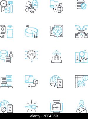 Jeu d'icônes linéaires à la recherche de marché. Données démographiques, enquêtes, échantillonnage, marquage, groupes de discussion, La rétroaction, le vecteur de la ligne cible et les affiches conceptuelles Illustration de Vecteur