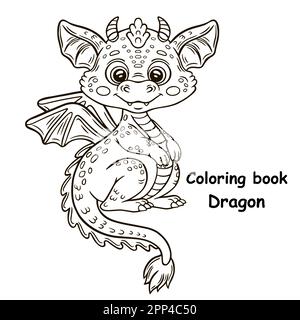 Mignon bébé fée dragon reptile, magie fantaisie volant feu lézard monstre animal caractère icône ligne. Signe du zodiaque chinois. Vecteur de page de livre de coloriage Illustration de Vecteur