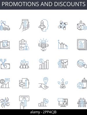 Collection d'icônes de ligne de promotions et de remises. Offres de vente, offres spéciales, bons de réduction, prix avantageux, programmes de remise, Codes de coupon, fidélité Illustration de Vecteur
