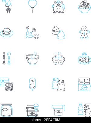 Jeu d'icônes linéaires de la crème glacée. Pelles, cs, Sprinkles, Sundae, Fudge, Garnitures, vecteur de ligne Milkshake et signes de concept. Gelato, sorbet, gaufré Illustration de Vecteur