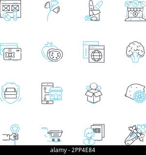 Jeu d'icônes linéaires pour l'épicerie. Produits, produits laitiers, boulangerie, en conserve, viande, Surgelés, étiquettes vectorielles et de concept de gamme de collations. Boissons,épices,Organic Outline Illustration de Vecteur