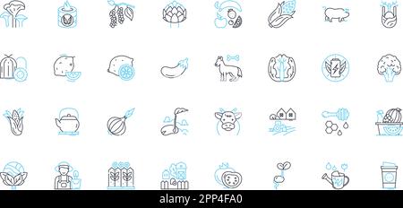 Jeu d'icônes linéaires du marché de l'agroalimentaire. Récolte, irrigation, engrais, bétail, Agronomie, Produits, pesticides, vecteur de ligne et signes conceptuels Illustration de Vecteur