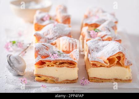 Le gâteau Karpatka fait maison sert une cuisine polonaise traditionnelle. Tarte traditionnelle à la crème polonaise. Banque D'Images