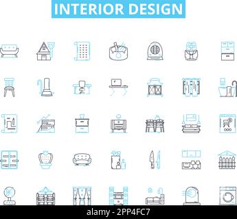 Ensemble d'icônes linéaires de conception intérieure. Esthétique, Architecture, couleur, confort, contraste, Créativité, vecteur de ligne de décor et signes de concept. Design, élégance Illustration de Vecteur