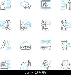 Ensemble d'icônes linéaires d'engagement de l'acheteur. Se connecter, communiquer, s'engager, répondre, interagir, Écoutez, signez le vecteur de la ligne de confiance et les signes de concept. Fidélité, satisfaction Illustration de Vecteur