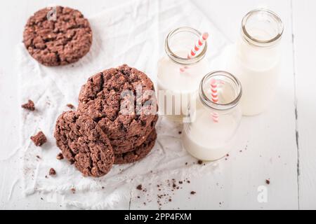 Délicieux biscuits bruns servis avec du lait en bouteille. Biscuits au chocolat au lait. Banque D'Images