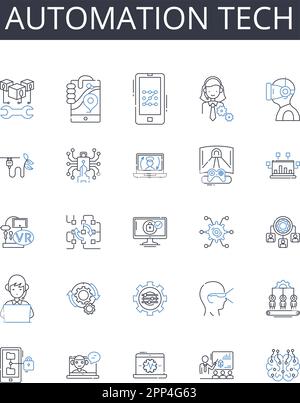 Collection d'icônes de la ligne technique d'automatisation. Outils numériques, réalité virtuelle, secteur de la robotique, apprentissage machine, logiciel d'IA, Efficacité de l'entreprise, Smart Illustration de Vecteur