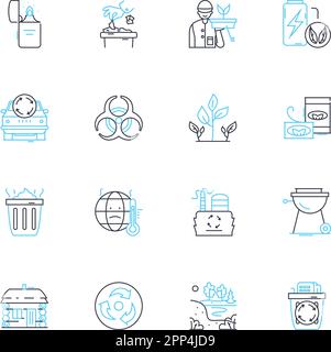 Ensemble d'icônes linéaires de politique climatique. Émissions, durabilité, atténuation, adaptation, carbone, Renouvelable, vecteur de ligne de réduction et signes conceptuels Illustration de Vecteur