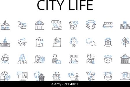 Collection d'icônes City Life Line. Vie rurale, grande ville, vie urbaine, vie de village, vie de Metropolis, Suburban Lifestyle, Hustle Hustle Hustle Vector et Illustration de Vecteur