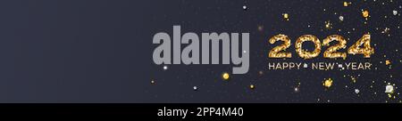 Bonne année 2024. Numéros dorés scintillants sur fond noir avec perles jaunes et blanches. Illustration de Vecteur
