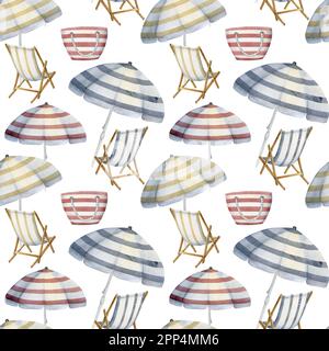 Chaises de plage aquarelle dessinées à la main, sacs et parasols à motifs sans couture. Isolé sur fond blanc. Décoration murale, mariage, imprimé, tissu Banque D'Images