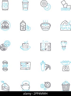 Ensemble d'icônes Cafe Linear. Cosy, Espresso, Croissant, ambiance, Cappuccino, Latte, vecteur de ligne fraîche et signes conceptuels. Pâtisseries, brunch, produits de boulangerie Illustration de Vecteur