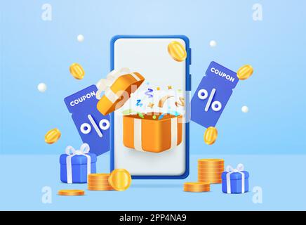 Smartphone bleu avec boîte cadeau ouverte et bon de réduction ou coupon en pourcentage de vente, confetti, pièces de monnaie tombant, concept de boîte cadeau. Concept d'achat en ligne. bannière de promotion des ventes. 3d illustration vectorielle. Illustration vectorielle Illustration de Vecteur