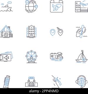 Collection d'icônes de lignes de voyage transfrontalières. Immigration, passeports, Douanes, visas, frontière, International, vecteur de sécurité et illustration linéaire Illustration de Vecteur