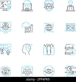 Jeu d'icônes linéaires de l'installation de stockage. Sécurisé, accessible, spacieux, climatisé, pratique, Des panneaux vectoriels et conceptuels propres et organisés Illustration de Vecteur