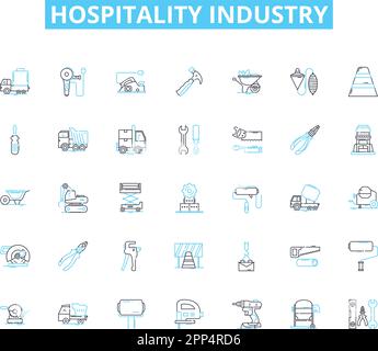 Ensemble d'icônes linéaires de l'industrie hôtelière. Centres de villégiature, restaurants, Hébergement, vacances, Tourisme, Casino, vecteur de ligne de Spa et signes de concept. Hôtels Illustration de Vecteur