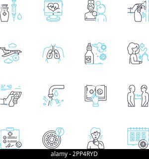 Ensemble d'icônes linéaires de thérapie COVID-19. Anticorps, Remdesivir, convalescent, ventilateur, plasma, Oxygène, vecteur de la lignée d'hydroxychloroquine et signes conceptuels Illustration de Vecteur