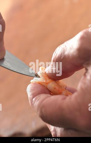 Tenir à la main une crevette et enlever les gouts avec un couteau, préparation pour la cuisson d'un repas de fruits de mer, copier l'espace, gros plan, foyer choisi, très étroit dept Banque D'Images