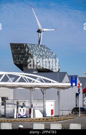 Station de remplissage d'hydrogène à Anvers, pour voitures et camions, H2 lettering, éolienne dans le port, Havenhuis, Belgique Banque D'Images