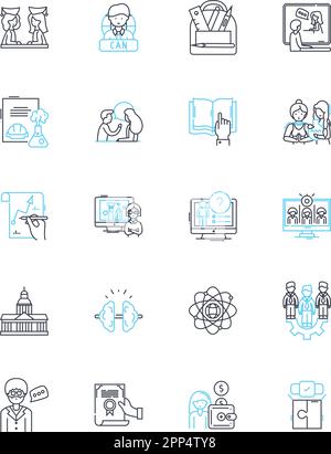 Jeu d'icônes linéaires d'entraînement en ligne. E-learning, webinaire, virtuel, numérique, distant, En ligne, vecteur de ligne de cours et signes de concept. Classes,modules Illustration de Vecteur