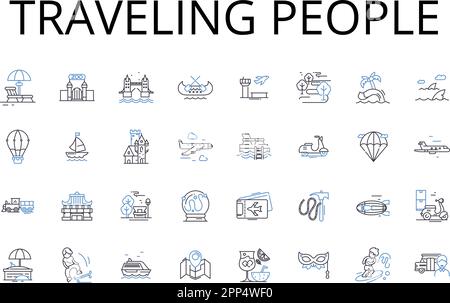Collection d'icônes de la ligne de voyageurs. Nomades itinérants, amateurs de Wanderlust, voyageurs explorant, touristes aventureux, voyages en jet-setting Illustration de Vecteur