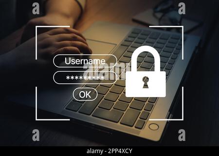 Femme utilisant un ordinateur portable avec interface VR d'accès sécurisé aux informations personnelles de l'utilisateur. Connectez-vous ou inscrivez-vous avec votre nom d'utilisateur et votre mot de passe. Cyber-sécurité. Banque D'Images