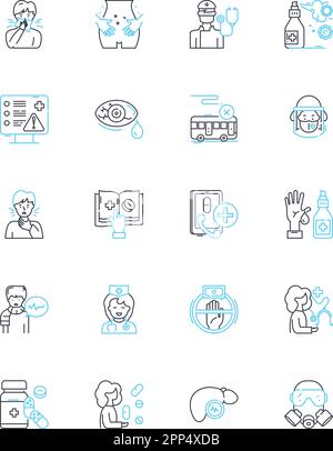 Ensemble d'icônes linéaires de thérapie COVID-19. Anticorps, Remdesivir, convalescent, ventilateur, plasma, Oxygène, vecteur de la lignée d'hydroxychloroquine et signes conceptuels Illustration de Vecteur