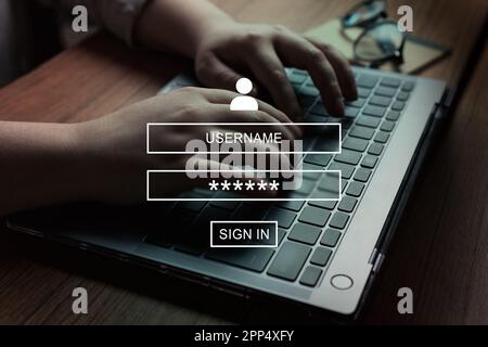 Femme utilisant un ordinateur portable avec interface VR d'accès sécurisé aux informations personnelles de l'utilisateur. Connectez-vous ou inscrivez-vous avec votre nom d'utilisateur et votre mot de passe. Cyber-sécurité. Banque D'Images