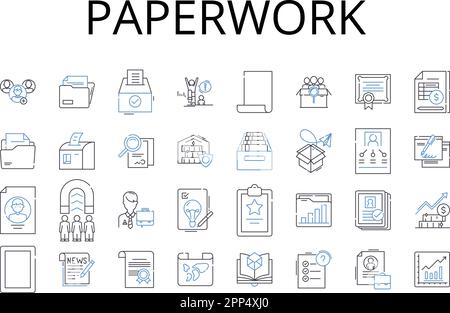 Collection d'icônes de ligne de documents. Documentation, Red tape, tenue des dossiers, formulaires juridiques, documents de procédure, Tâches administratives, documents écrits Illustration de Vecteur
